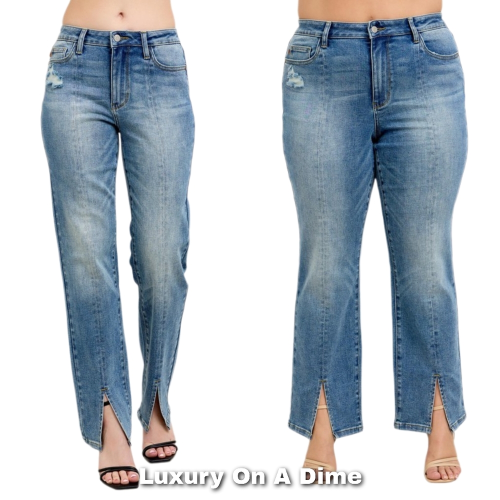 Judy Blue High-Rise Split Hem Distressed Straight Leg Boyfriend Jeans Denim Pant - Picture 15 of 16